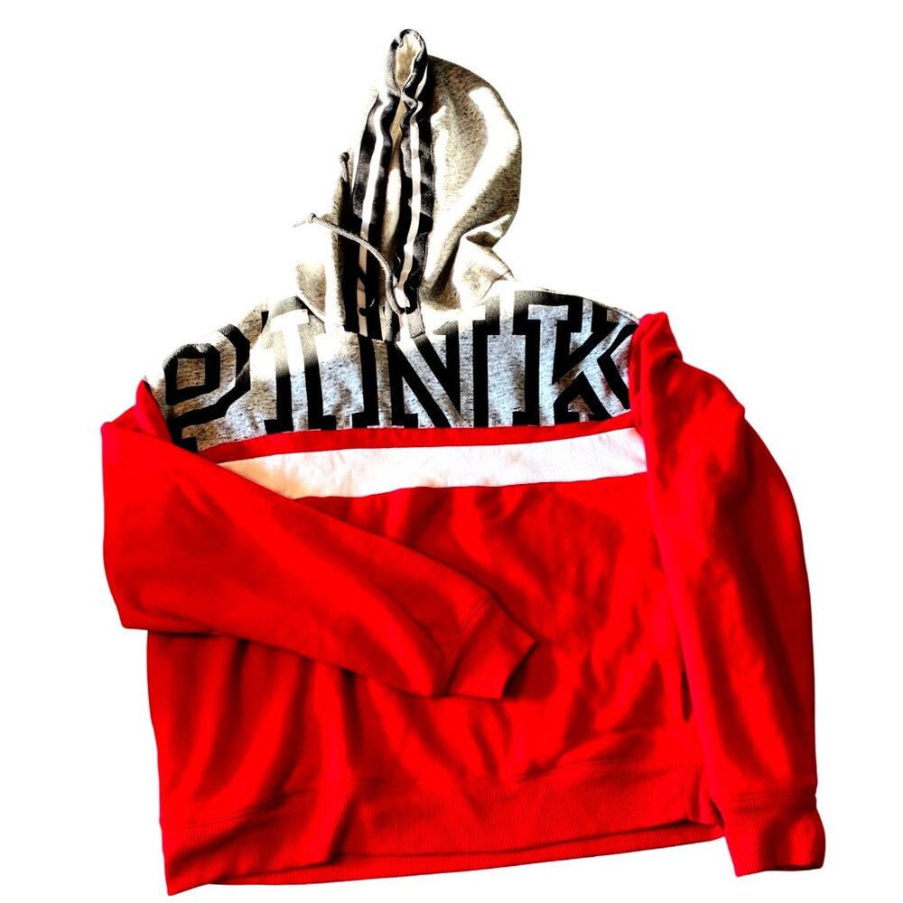 Victorias Secret Pink Red & Gray Pullover Hoodie Sweatshirt With Drawstring Hood